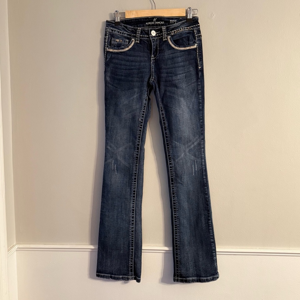 Almost Famous Dark Wash Blue Jeans Boot Cut Distressed Denim Size 3 Style #1A272